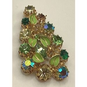 Vintage Austria Aurora Boralis leaf brooch green 2.5" Missing 2 stones